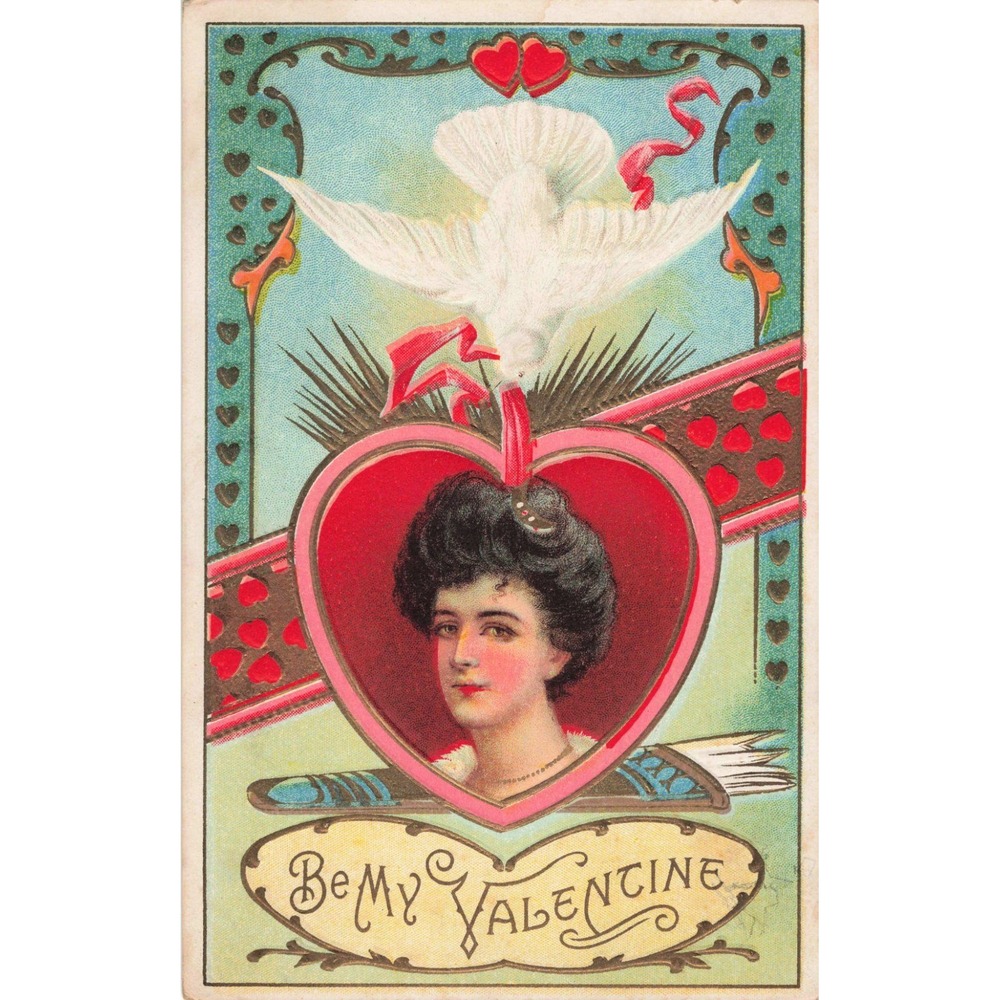 Valentine Postcard 1913 Embossed White Dove Heart Lady Portrait Bangor PA Used